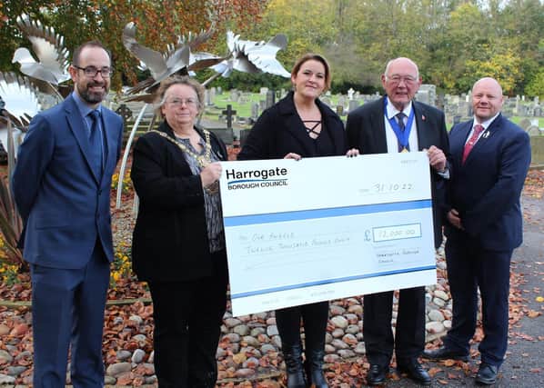 £12,000 charity boost - Commercial and community development manager Jon Clubb, Harrogate Borough Mayor Coun Victoria Oldham, chairperson of Our Angels Emma Lofthouse, arrogate Borough Deputy Mayor Coun Robert Windass and bereavement services manager Stephen Hemsworth.