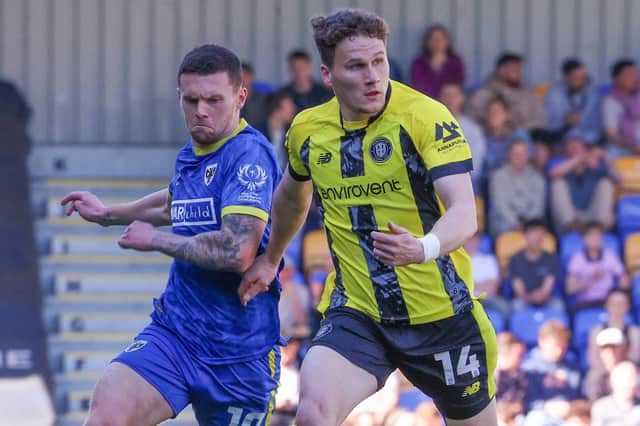 Harrogate Town right-back Toby Sims in action against AFC Wimbledon. Pictures: Matt Kirkham
