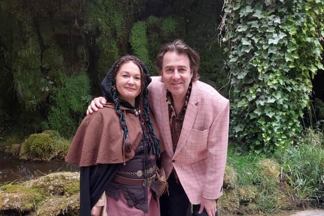 TV broadcaster Jonathan Ross in Knaresborough with 'Mother Shipton' at Mother Shipton's Cave.