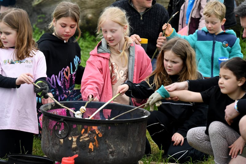 Children of all ages enjoying toasting marshmallows in the Forest School Area of the festival
