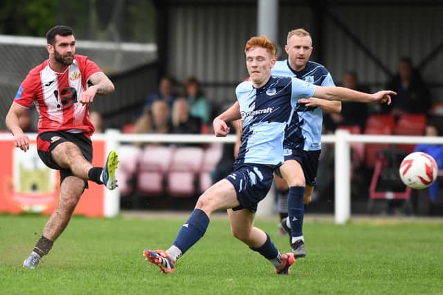Knaresborough Town's Jack Dyche gets a shot away during Saturday's FA Vase defeat to Bishop Auckland. Pictures: Gerard Binks
