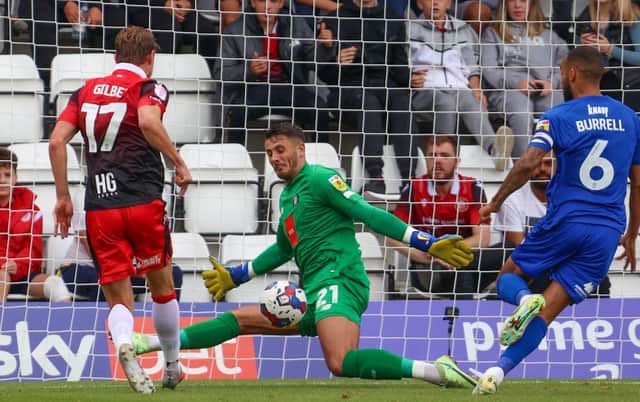 Harrogate Town goalkeeper Pete Jameson saves from Stevenage's Alex Gilbey during Saturday's League Two clash at the Lamex Stadium. Pictures: Matt Kirkham