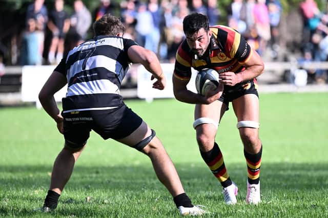 Jake Brady on the attack for Harrogate RUFC during Saturday's opening-day-of-the-season victory over derby rivals Otley RUFC. Picture: Daniel Kerr