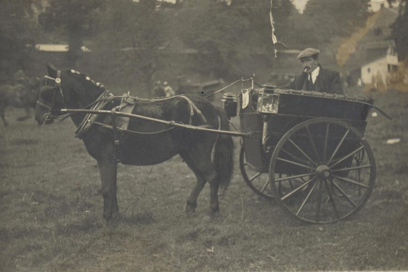 John Robert Raw from Woolwich Farm at Braisty Woods rides a dressed horse with carriage. The photograph was taken around 1926.