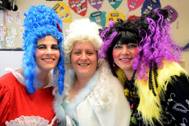 Staff from the Asda Warehouse, Washington dressed as Cinderella and the Ugly Sisters to read to children at Barmston Primary School in 2014.
