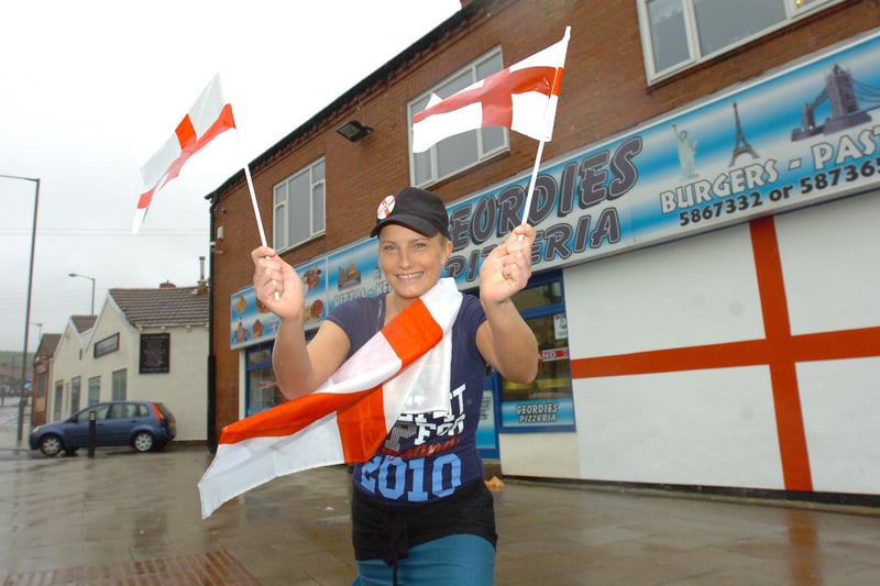 Rebecca Brown is pictured outside Geordie's Pizzeria and was full of patriotism in this 2010 scene in Horden.