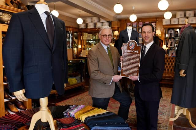 The unveiling of Harrogate Civic Society plaque - Flashback to 2022 when Jeremy Wood Beaumont welcomed Alex Goldstein to Rhodes Wood tailors. Alex is the great grandson of fashion entrepreneur Louis Copé whose shop stood on the same address on Parliament Street which later became the home of Rhodes Wood. (Picture Gerard Binks)