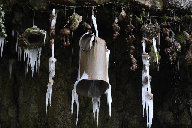 The Petrifying Well at Mother Shipton's Cave that has frozen up due to the cold temperatures