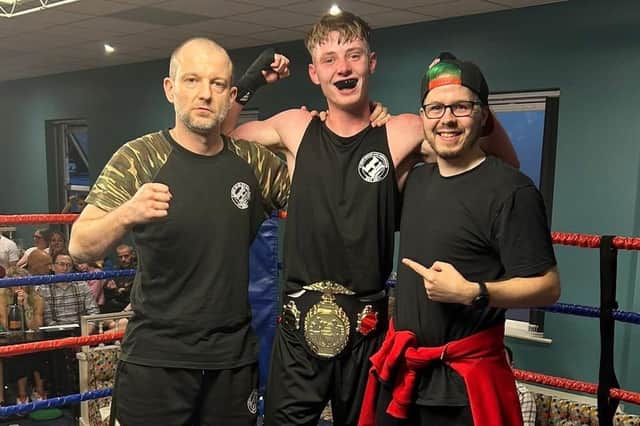 Mateusz Daroszewski, H Hour Boxing Club's head coach (left), with Eddie Large (centre) and coach Dan Flack. Picture: Submitted