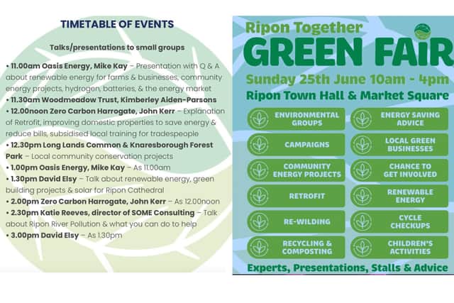 Green Fair timetable offering free advice and presentations on Sunday, June 25.