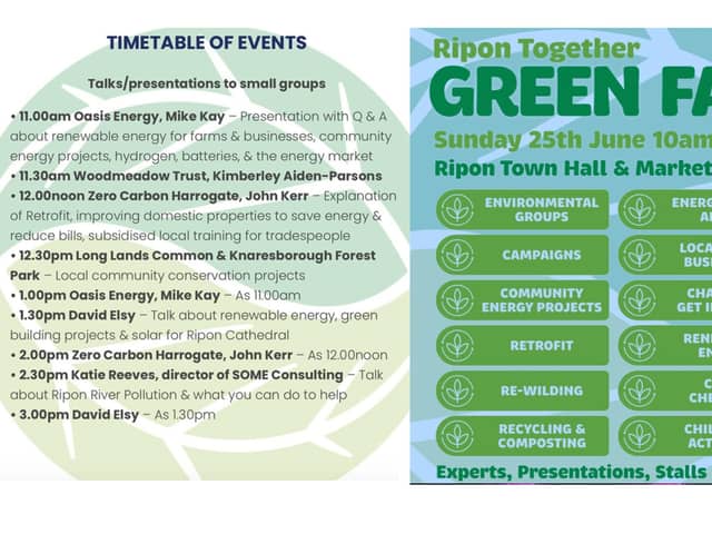 Green Fair timetable offering free advice and presentations on Sunday, June 25.