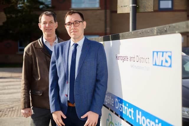 Tom Gordon, Harrogate and Knaresborough Lib Dem Parliamentary spokesperson,  with Lib Dem Coun Peter Lacey, who represents Coppice Valley & Duchy division, outside Harrogate District Hospital. (Picture Harrogate Lib Dems)