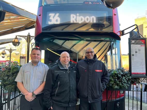 Bus driving is a family affair at The Harrogate Bus Company - Pictured at Harrogate Bus Station from left are son Thomas Sykes, dad Andy Miller and grandad Paul Miller.