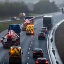 Date: 25th January 2023.
Picture James Hardisty.
A very unusual sight capture travelling North bound on the A1(M) near Bramham, not one but two RAF Red Arrows Hawk jets being transported along the motorway.