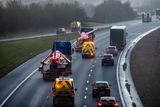 Date: 25th January 2023.
Picture James Hardisty.
A very unusual sight capture travelling North bound on the A1(M) near Bramham, not one but two RAF Red Arrows Hawk jets being transported along the motorway.