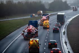 Date: 25th January 2023.
Picture James Hardisty.
A very unusual sight capture travelling North bound on the A1(M) near Bramham, not one but two RAF Red Arrows Hawk jets being transported along the motorway.
