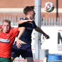 Harrogate Railway striker Joe Crosby challenges for a header during Saturday's NCEL Division One defeat to Retford. Picture: Craig Dinsdale