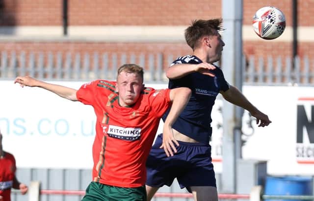 Harrogate Railway striker Joe Crosby challenges for a header during Saturday's NCEL Division One defeat to Retford. Picture: Craig Dinsdale