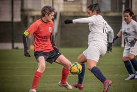 Grace Adams, left, netted a hat-trick as Knaresborough Town Women thrashed Bradford United Ladies. Picture: Caught Light Photography