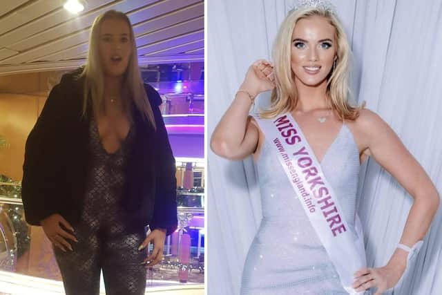 Side by side pictured showing Harrogate woman Chloe McEwen's weight loss from being a teenager to being Miss Yorkshire. (Picture contributed)