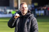 Harrogate Town manager Simon Weaver celebrates Easter Monday's 5-1 thrashing of Gillingham. Pictures: Matt Kirkham