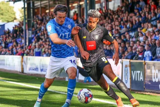 Harrogate Town forward Dior Angus in action during Saturday's goalless draw at Stockport County. Picture: Matt Kirkham