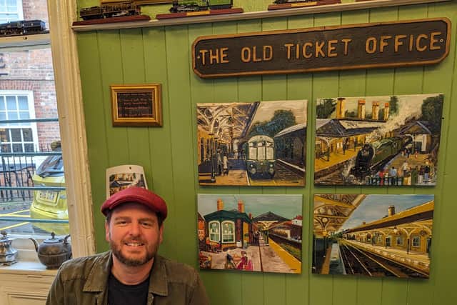 Harrogate musician, artist and Northern rail staff member, Paul Mirfin who has created four poster-sized oil paintings to be displayed at Knaresborough Railway Station. (Picture contributed)