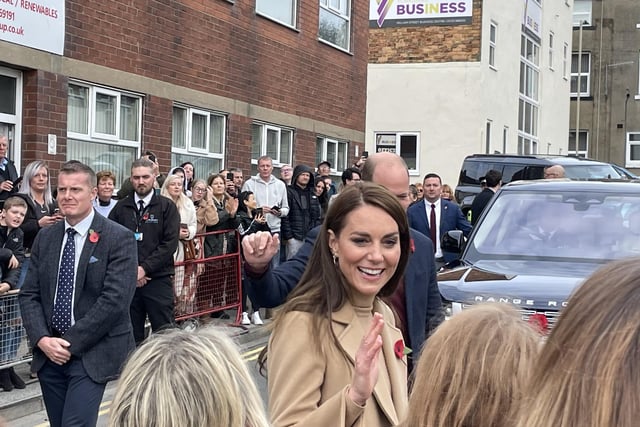 The Princess of Wales, Kate Middleton, waves as she meets the crowds in Scarborough this morning.