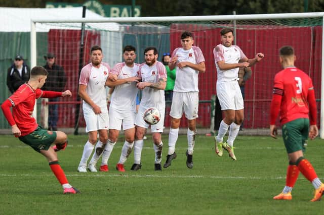 Jack Lazenby scores from a free-kick during Harrogate Railway's 2-0 win over Selby Town. Pictures: Craig Dinsdale