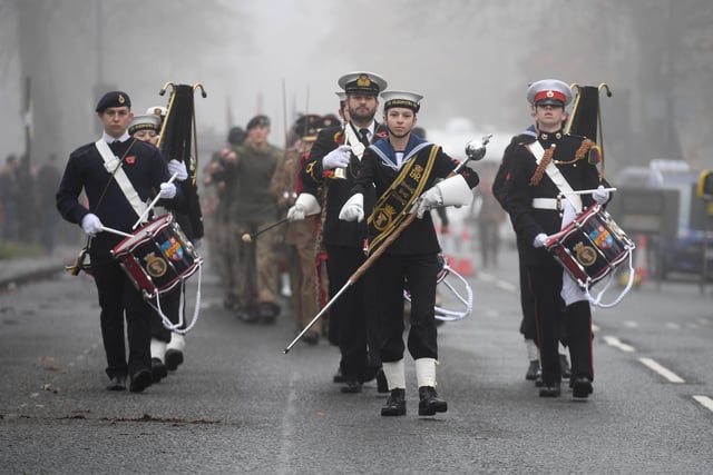 The Harrogate Sea Cadets march through the foggy streets during the parade