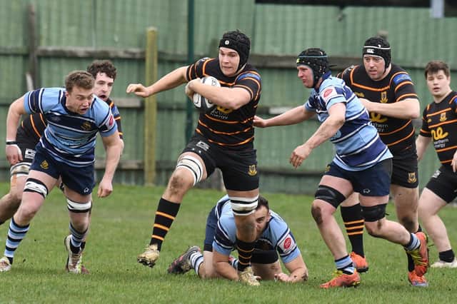Harrogate Pythons' Hugh Tatlow on the charge during Saturday's Yorkshire Two draw with Ripon RUFC at Station View. Pictures: Gerard Binks