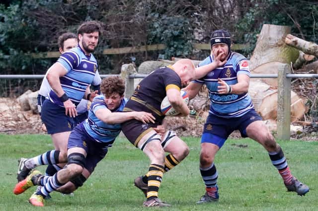 Action from Ripon RUFC's comprehensive 44-17 Yorkshire Two triumph over Leeds Corinthians at Mallorie Park. Picture: Submitted