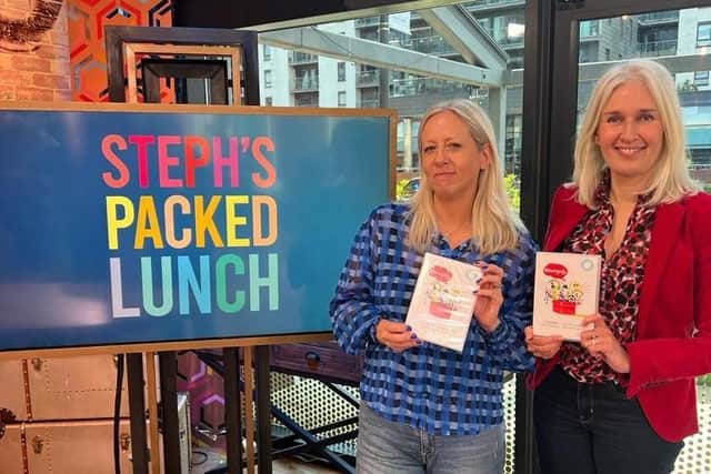 Harrogate's Sarah Harrison and Fiona Wright, founders of Recognii, showing their groundbreaking dementia video on the set of Steph's Packed Lunch.