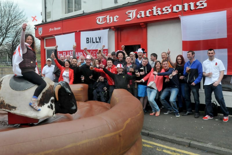 A 2014 scene showing people celebrating St. George's Day at The Jacksons, Dundas Street, Monkwewarmouth, Sunderland. Remember this from 7 years ago?