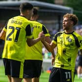 Harrogate Town winger Stephen Duke-McKenna, right, is congratulated by Ellis Taylor after netting the only goal of the game against Bristol Rovers. Picture: Dan Minto/ProSportsImages