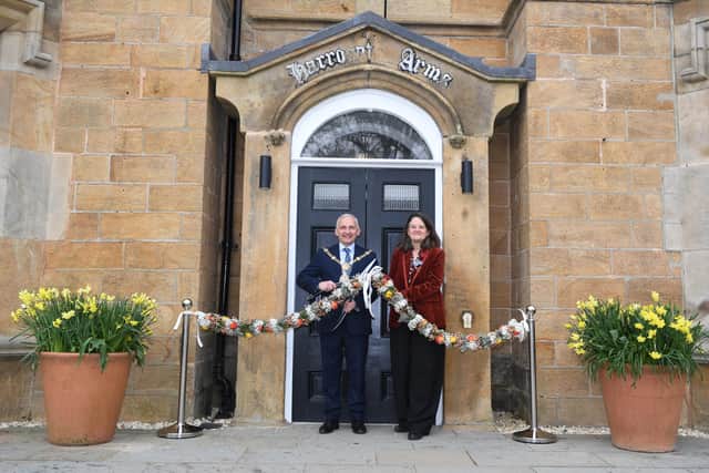 Opening ceremony - Harrogate Mayor Coun Michael Harrison cuts the ribbon with Clare Matterson, director-general of the Royal Horticultural Society at today's relaunch of the Harrogate Arms at RHS Harlow Carr in Harrogate. (Picture Gerard Binks)