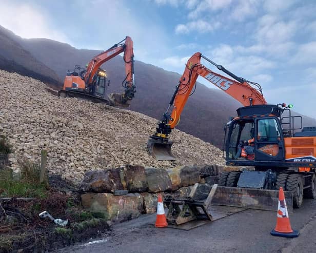 Work being carried out on the A59 at Kex Gill by the Harrogate-based contractor, HACS. The key route has been reopened earlier than scheduled following a landslip in the early hours of New Year’s Day. (Picture contributed)