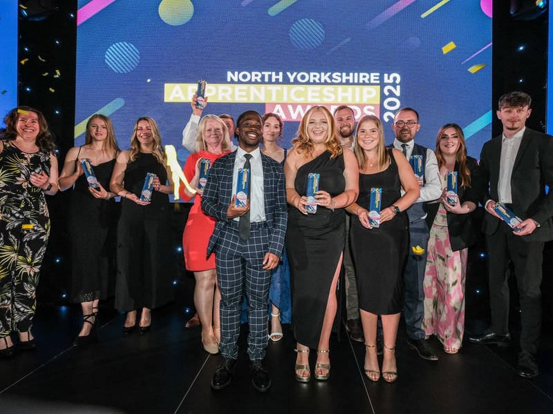 All winners on stage at the North Yorkshire Apprenticeship Awards 2025, held at the Cedar Court Hotel, Harrogate