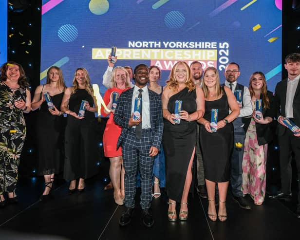 All winners on stage at the North Yorkshire Apprenticeship Awards 2025, held at the Cedar Court Hotel, Harrogate