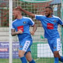 Terry Kennedy, left, celebrates after opening the scoring in Harrogate Town's 2-0 National League North win at Blyth Spartans in August 2017. Picture: Matt Kirkham