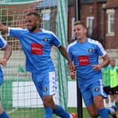 Terry Kennedy, left, celebrates after opening the scoring in Harrogate Town's 2-0 National League North win at Blyth Spartans in August 2017. Picture: Matt Kirkham