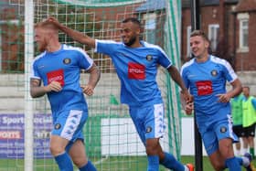 Terry Kennedy, left, celebrates after opening the scoring in Harrogate Town's 2-0 National League North win at Blyth Spartans in August 2017. Picture: Matt Kirkham