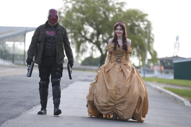 Red Hood from Batman and Belle from Beauty and the Beast arriving at the Great Yorkshire Showground for Comic Con Yorkshire