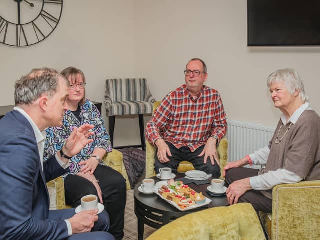 Julian Smith MP speaking with homeowners at The Red House Retirement Village in Ripon