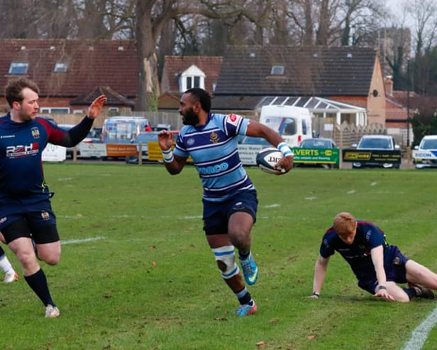 Abo Sovatabua on his way to scoring one of his three tries during Ripon RUFC's thrashing of Hemsworth. Picture: Submitted