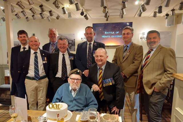 WW2 veteran Mr Ernest Tindall, who was injured and later taken prisoner during the Allied push into Italy in 1944, was surprised by friends, family and members of the military for his 100th birthday celebration yesterday in Bishop Monkton.