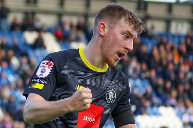 Matty Daly celebrates after netting Harrogate Town's 65th-minute equaliser during Saturday's 2-1 win at Colchester United. Pictures: Matt Kirkham