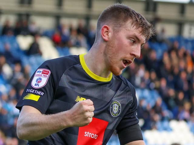 Matty Daly celebrates after netting Harrogate Town's 65th-minute equaliser during Saturday's 2-1 win at Colchester United. Pictures: Matt Kirkham