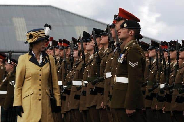 Princess Anne during a previous visit to Harrogate inspects the troops at the Passing Out parade at the Army Foundation College Harrogate. (Picture contributed)