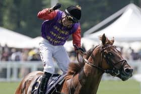 Tom Marquand celebrates after riding Desert Hero to win The King George V Stakes on day three of Royal Ascot 2023. Picture: Alan Crowhurst/Getty Images